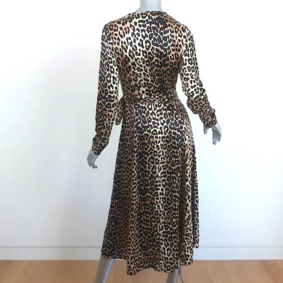 Ganni Dufort Midi Wrap Dress Leopard Print Stretch Silk Satin Size 36 - Picture 4 of 7